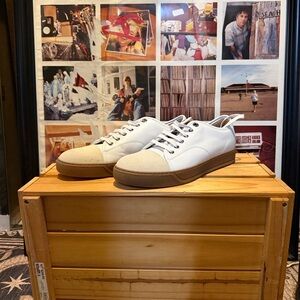 Lanvin White and Tan Low-Top Leather Sneakers